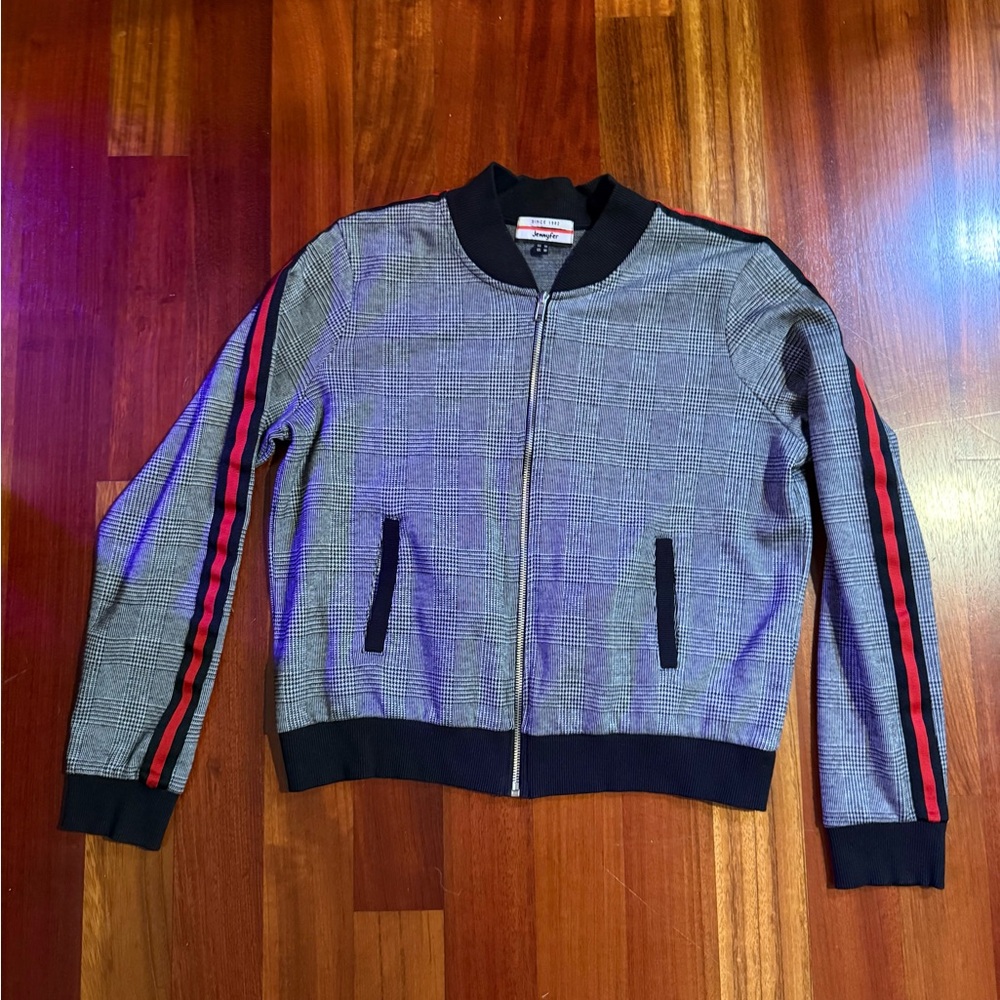 Black and White Plaid Bomber Jacket with Red Stripes